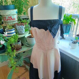 J. Peterman Retro 1950s Inspired Pink & Navy Summer Dress w/Bow & Tiny Dots 16